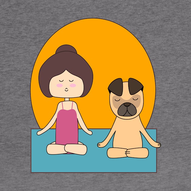 Yoga girl meditating with her pug in the sunrise by Ralph Hovsepian